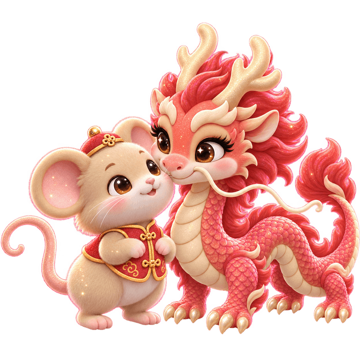 A small rat in a red jacket nuzzling a coral dragon.