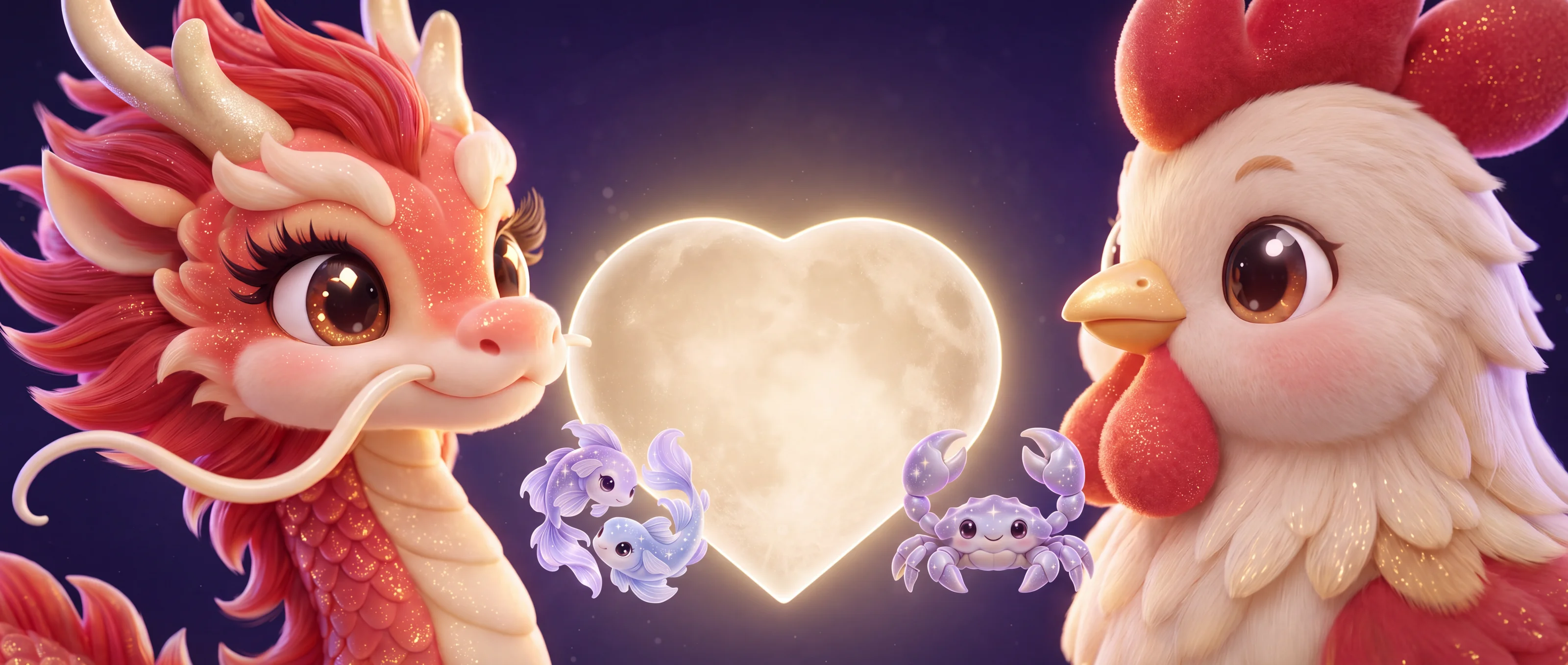 A coral dragon and a cream rooster face each other across a glowing heart-shaped moon, with a pair of lavender fish and a small crab beside it.